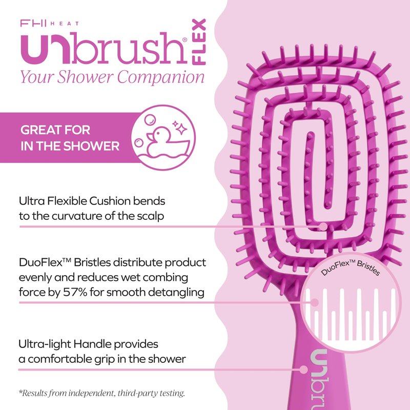 FHI Heat UNbrush Flex Detangling Brush — Ultra-Flexible, Pain-Free Hair Brush Detangler with DuoFlex Anti-Static Bristles for Removing Tangles, Massaging Scalp & Faster Styling - Pink