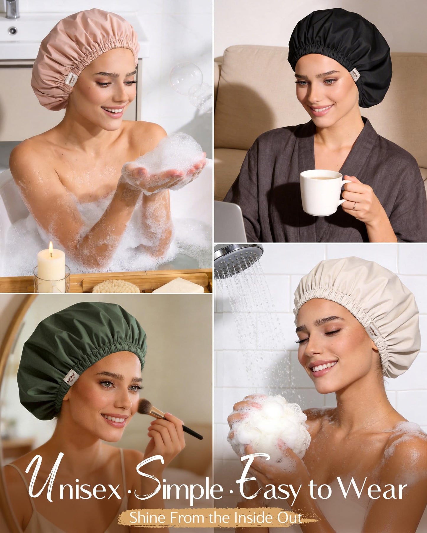 Yanibest Satin Lined Shower Cap for Women Reusable Waterproof, Frizz Free & Large Bath Cap with Soft Elastic Band, Luxury Hair Protection Caps (Black)