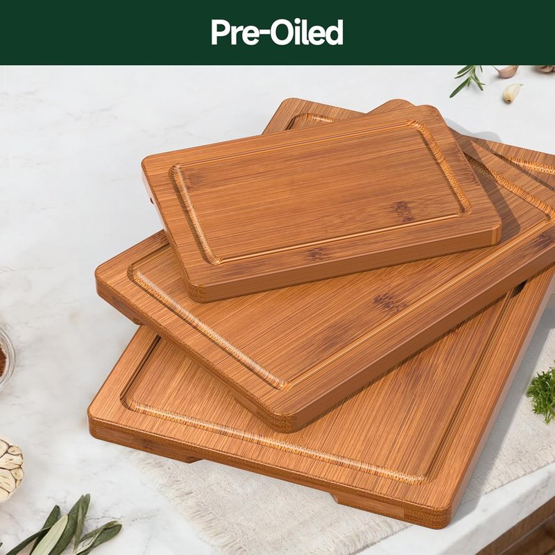 Bamboo Cutting Board Set - 3-Piece Crack-Resistant Chopping Boards with Juice Grooves | Pre-Oiled Butcher Block for Meat, Veggies & Cheese