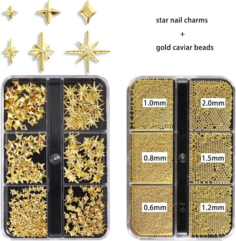 Gold Star Nail Charms - Twinkle Star Metal Studs & Rivets | 2 Boxes for Acrylic Nail Design