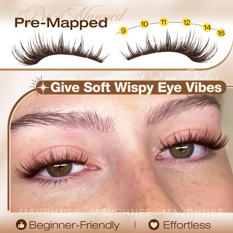 Mavphnee Brown Lash Clusters Wispy Fox Eye Eyelash Clusters Pre-Mapped 9-16MM Cluster Eyelash Extensions with Flexible Band & CC+L Curve Natural Individual Lashes For Soft Vibe