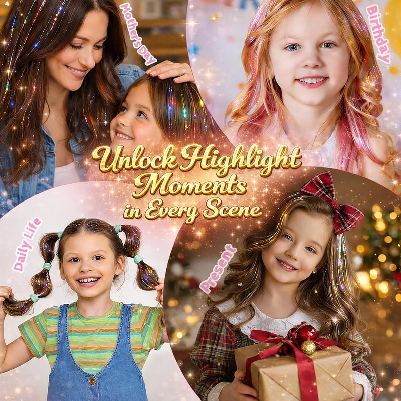 Gold Hair Tinsel, 8 Pcs Fairy Hair Tinsel Kit for Girls Women 48 Inch 3200 Strands with Tools Hair Accessories Glitter Tinsel Hair Extensions for Party Festival Christmas (Gold)