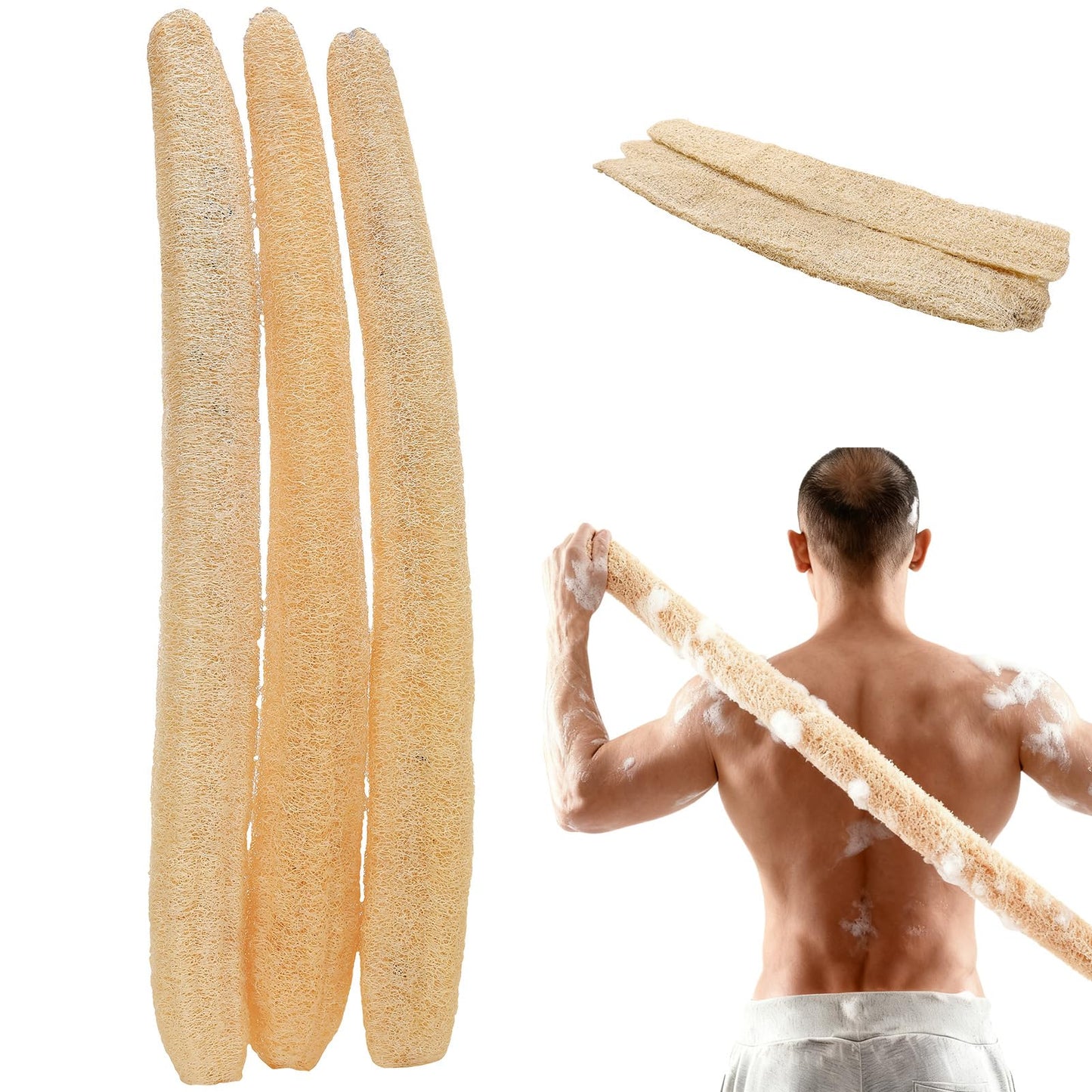 ZhouBoat 3 PCS 27.6-31.5 inch Large Natural Loofah Sponge Organic Exfoliating Scrubber for Shower Bath Body Dish Cleaning for Men Women