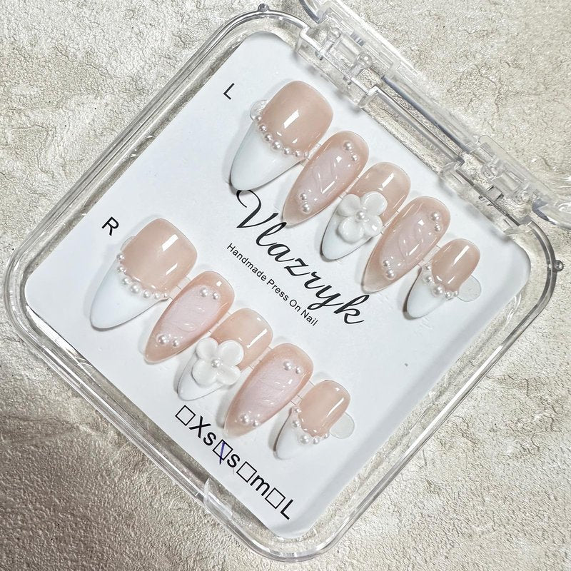 Handmade Press On Nails – Short Almond False Nails for Women, Reusable Acrylic White French Tip with Pearl & 3D Flowers Design – Salon Quality Fake Nails (M-10PCS）