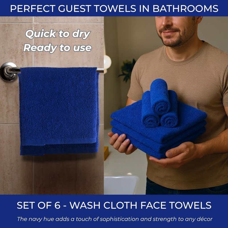 LIVINATI Navy Blue 100% Cotton Wash Cloths for Showering Body and Face - 12"X12" 6 Pack Washcloths - Small Terry Towel Bath Rags for Adults and Kids Bathroom - Soft Absorbent