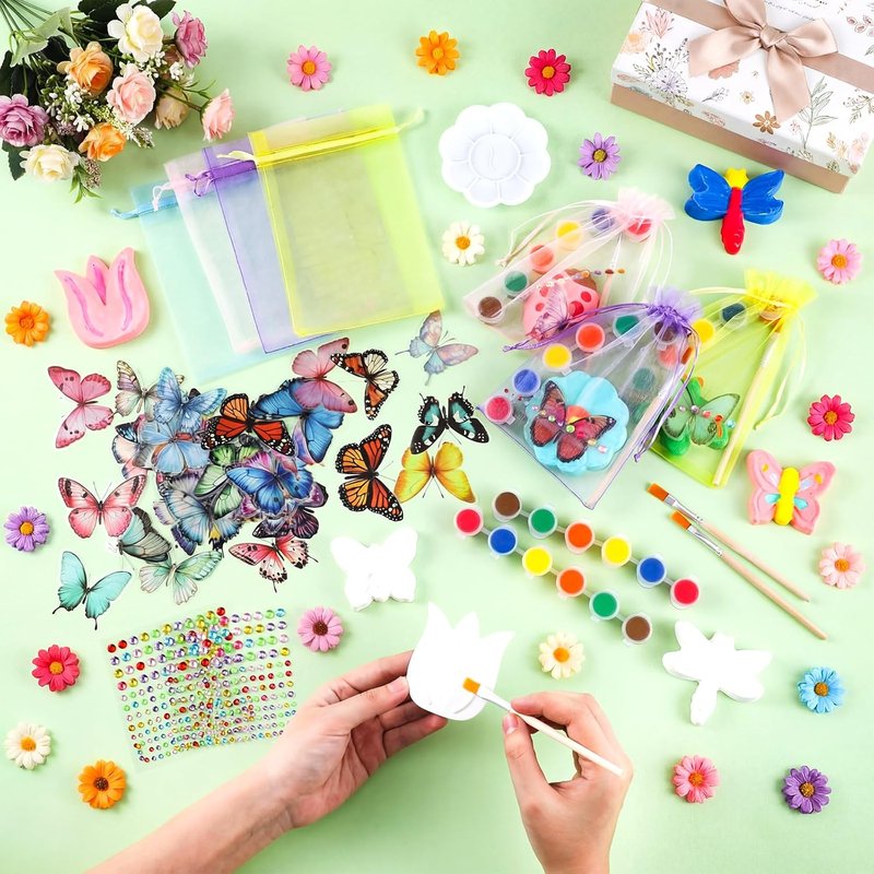 Gersoniel 24 Set Spring Theme DIY Plaster Paint Your Own Figurines Art and Craft Set Fairy Party Favors Painting Statues Kits with Brushes Palette Butterfly Sticker Organza Bag for Art Activity Supply