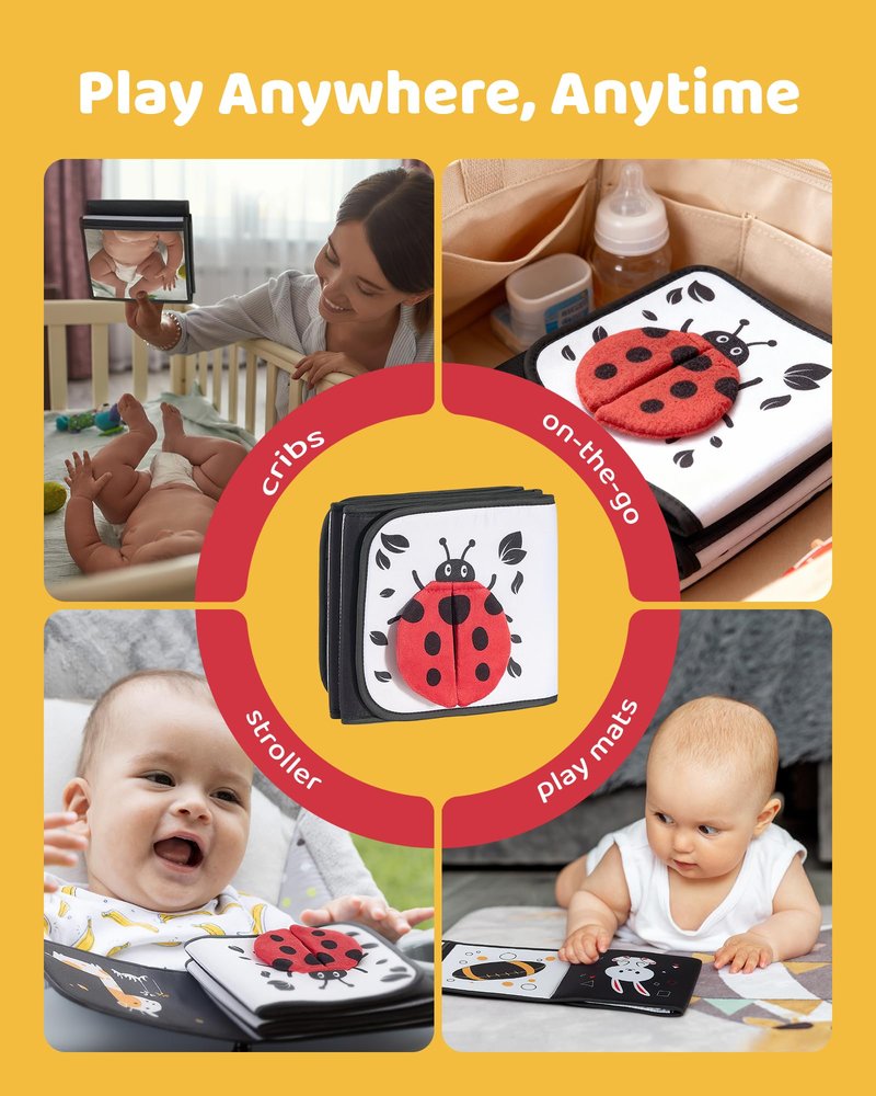 Black and White Baby Books for Newborn - Tummy Time Mirror & Sensory Toys Soft Montessori Toy for Infant Visual Stimulation, Brain Development & Early Learning - High Contrast Toys for 0-6 Months