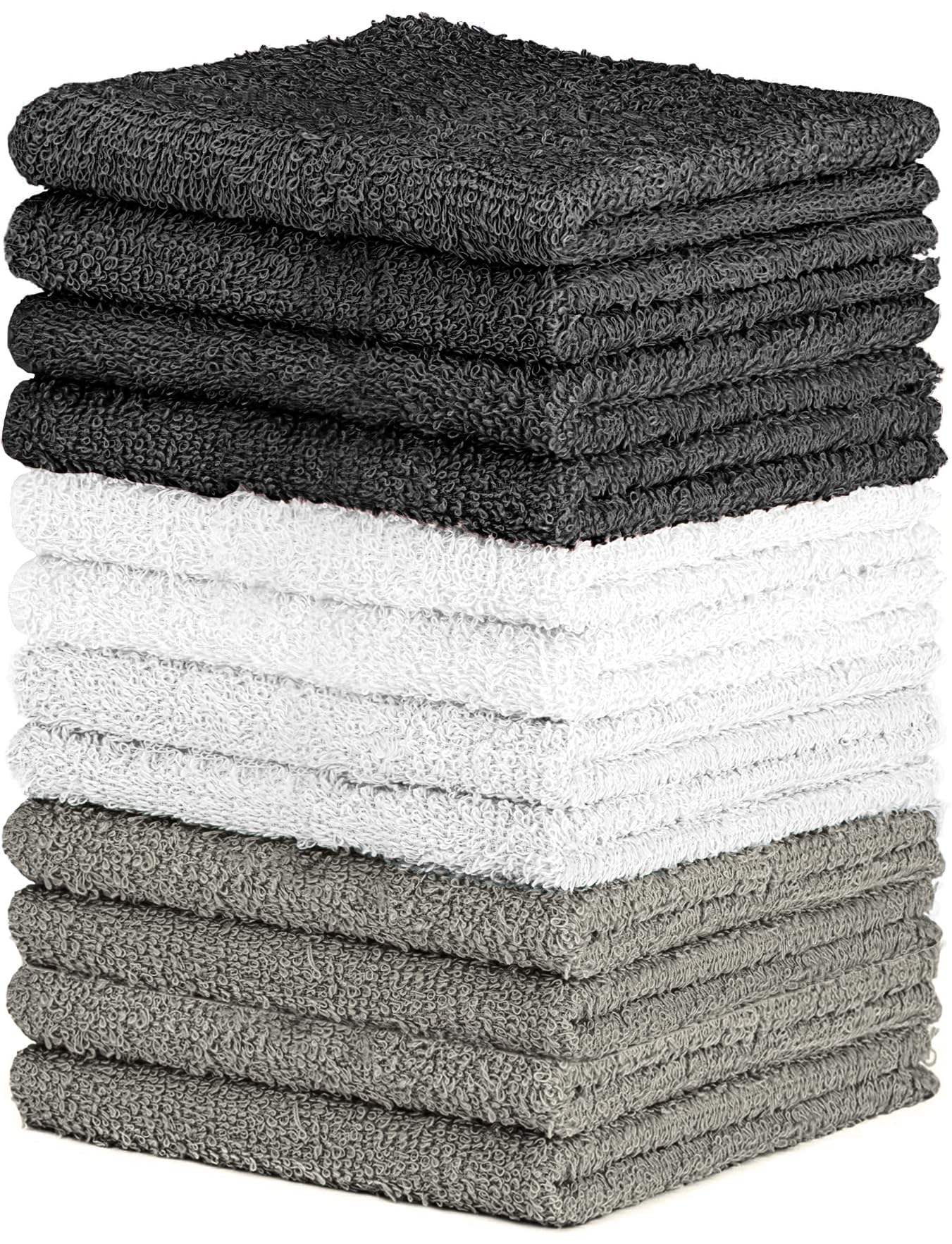 QUBA LINEN 100% Cotton Washcloth Set – Soft, Absorbent Face Towels for Bathroom & Gym Use –Reusable, Durable & Machine Washable - Dark Grey, White & Light Grey, 12x12 Inches, Pack of 12
