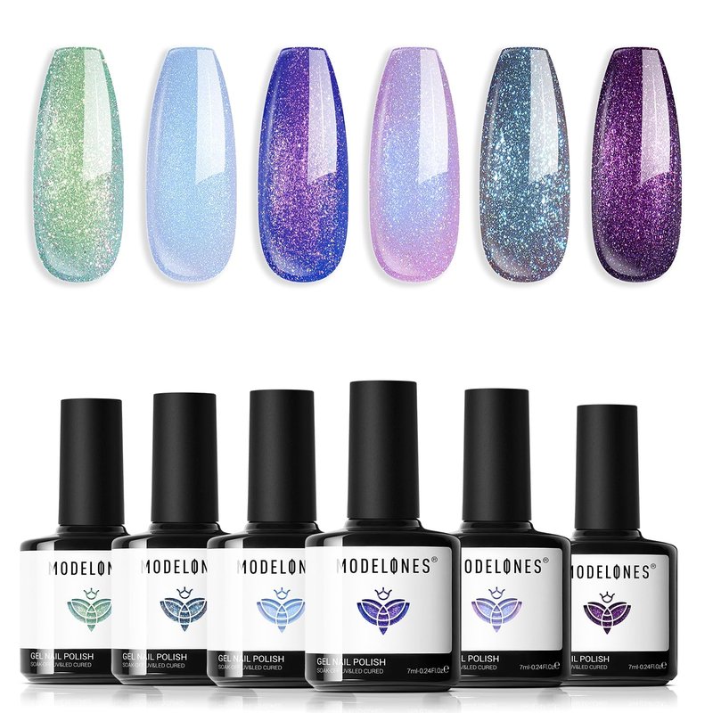 Modelones Gel Nail Polish Set | 6 Colors Chameleon Aurora Shimmer Glitter | Soak Off LED Nail Art Kit