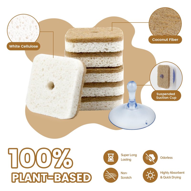Silkyhose 6pcs Scrub Sponges with Suction Cup Hook, Natural Kitchen Sponge, Biodegradable Compostable Cellulose and Coconut Non-Scratch Sponges, Cleaning Sponges for Dishes