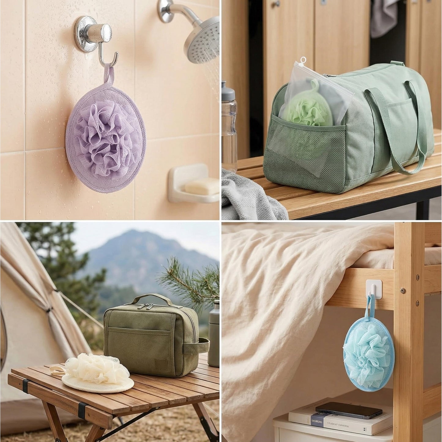 4 Pcs Larger Lightweight Travel Size Loofah with 4 Travel Storage Bags, Soft Terry Cloth Loofah Sponge for Body, Mini Shower Poufs for Travel, Gym, Camping & Sensitive Skin
