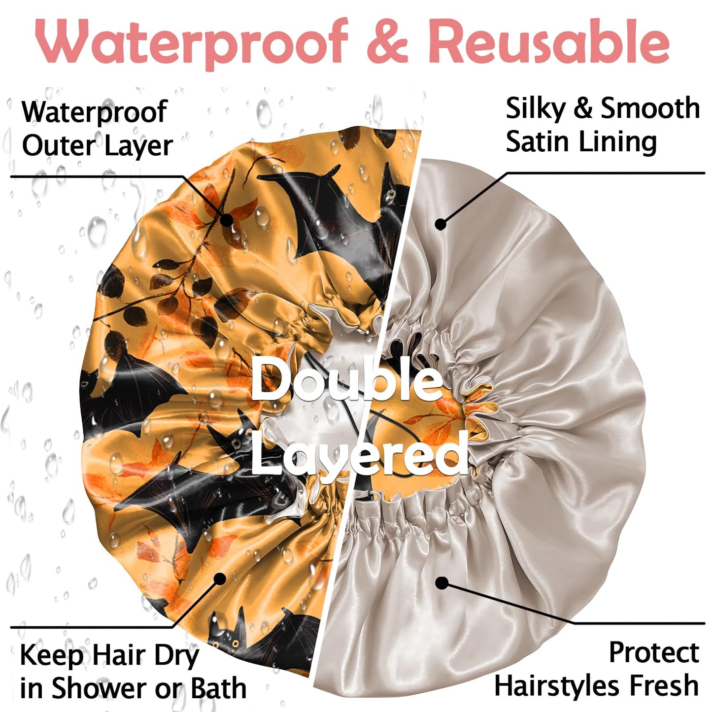 Cabreche Luxury Shower Cap Satin Silk Lined Adjustable Elastic Reusable Waterproof Shower Bath Cap Cute for Women Girls-Orange Bat