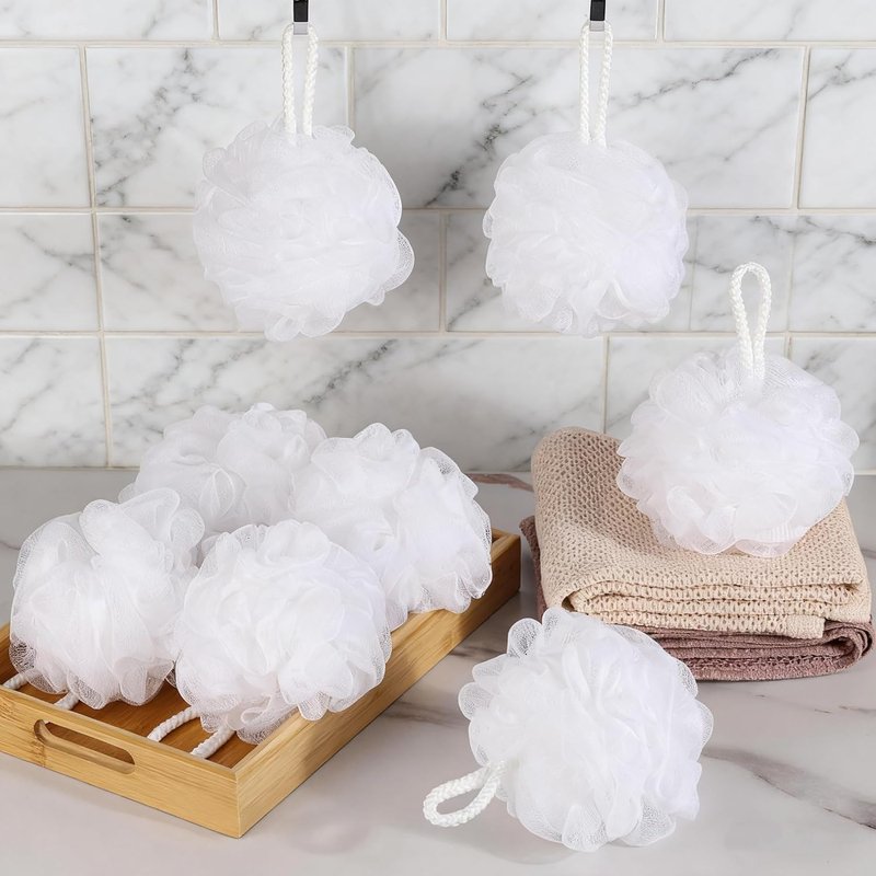 Skiennix 8Pcs Small Loofah Bath Sponge Set - Travel Size Exfoliating Shower Puff | White, 35g Each