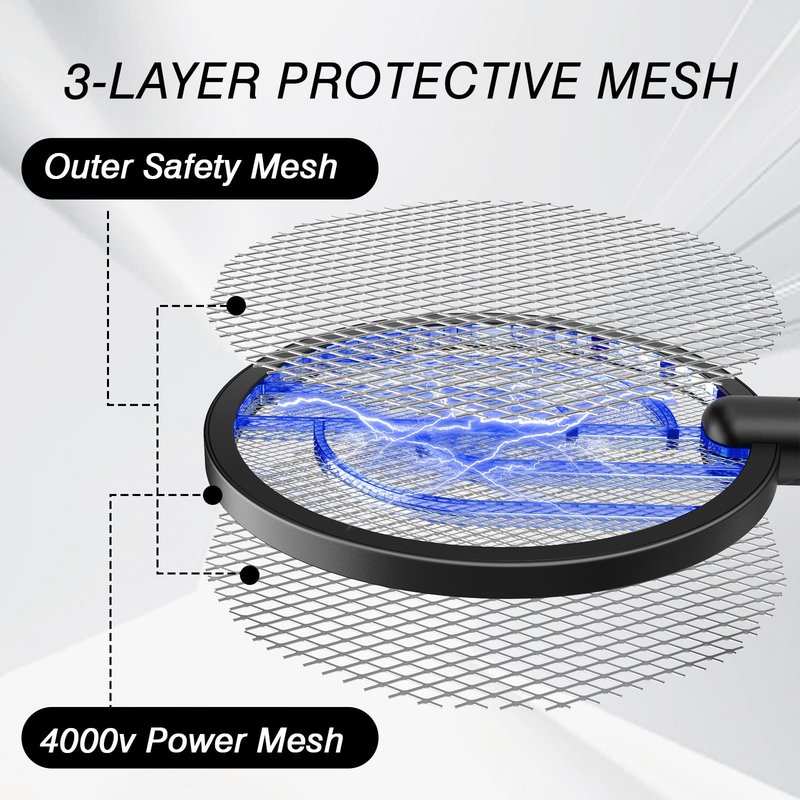 Gooqand Bug Zapper Racket, 2 Mode Fly Swatter USB Rechargeable, 4000V Electric Fly Zapper with 3 Layer Safety Mesh，Electric Racket for Kitchen, Home, Garden and Outdoors