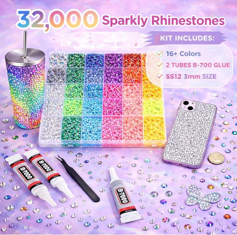 Skiennix 3mm Flatback Resin Jelly Rhinestones - 32,000 Pieces with B7000 Glue for Crafting & Nail Art