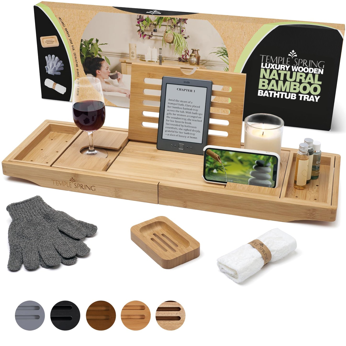 Temple Spring Bamboo Bathtub Tray Caddy for Tub — Expandable Wood Bath Tray with Solid Book Stand Wine Holder and Non-Slip Pads — Includes Bamboo Soap Dish and Spa Accessories — Luxury Bath Gift Set