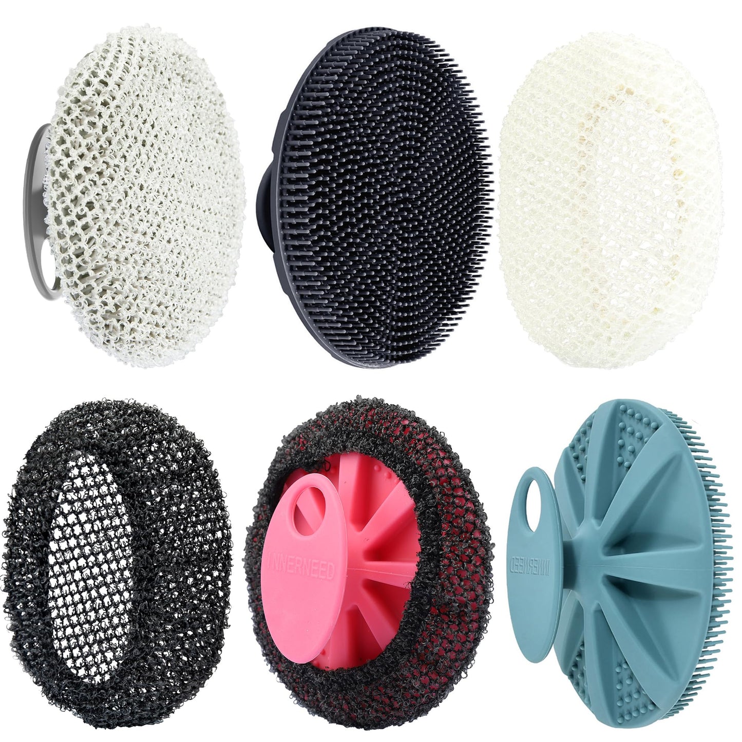 INNERNEED Food-Grade Soft Silicone Body Scrubber Shower Brush Handheld Cleansing Skin Brush, with Exfoliating Net Sponge Case (Pack of 4)