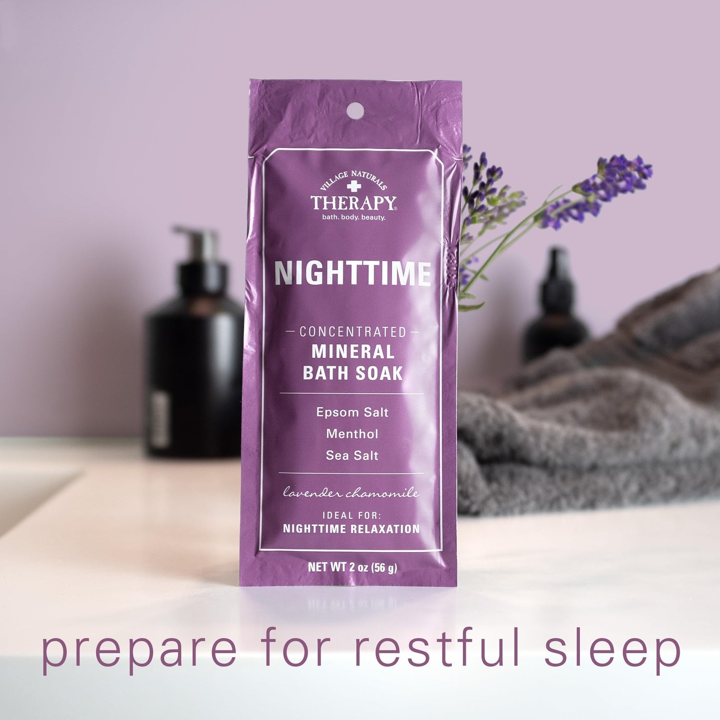Village Naturals Therapy Nighttime Concentrated Mineral Bath Soak, Lavender Chamomile Scent, 2 oz, Pack of 12