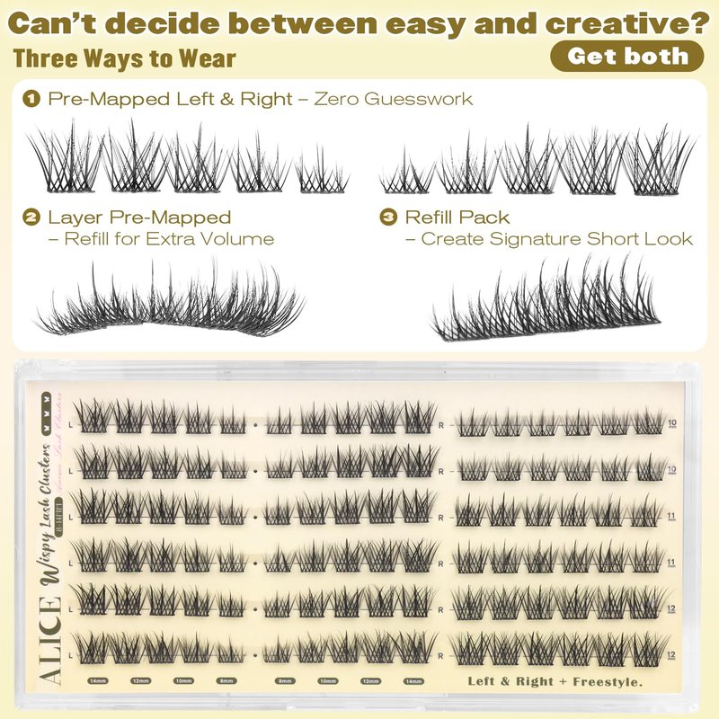 ALICE Natural Short Lash Clusters Wispy 8-12mm Cluster Eyelash Extensions Spiky Individual Lashes C-Curly Lash Extensions Thin Band Eyelash Clusters with Spikes