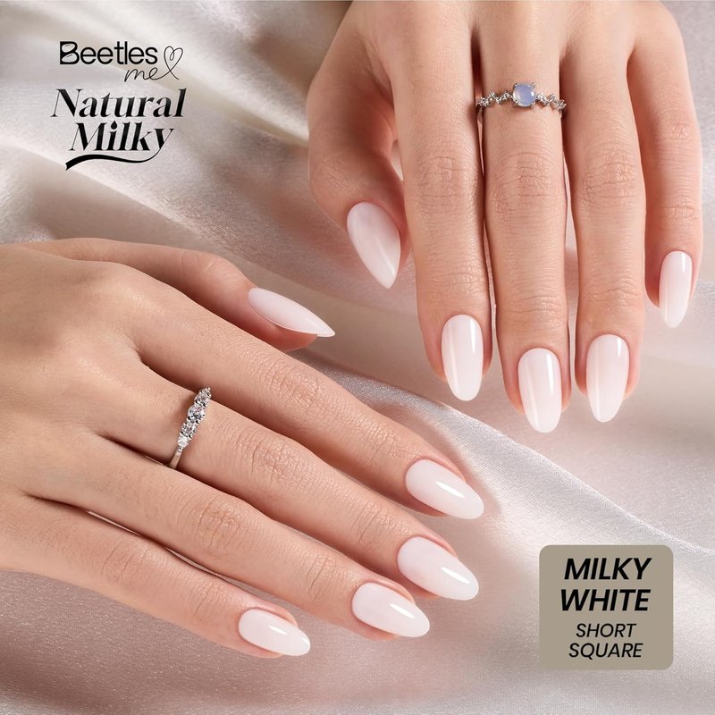 Beetles Milky White Press On Nails Short Oval - Natural White Press On Nails Short Oval with Nail Glue, Salon Quality in 16 Sizes - 32Pcs Soft Nail Gel Nail Kit Gift for Women