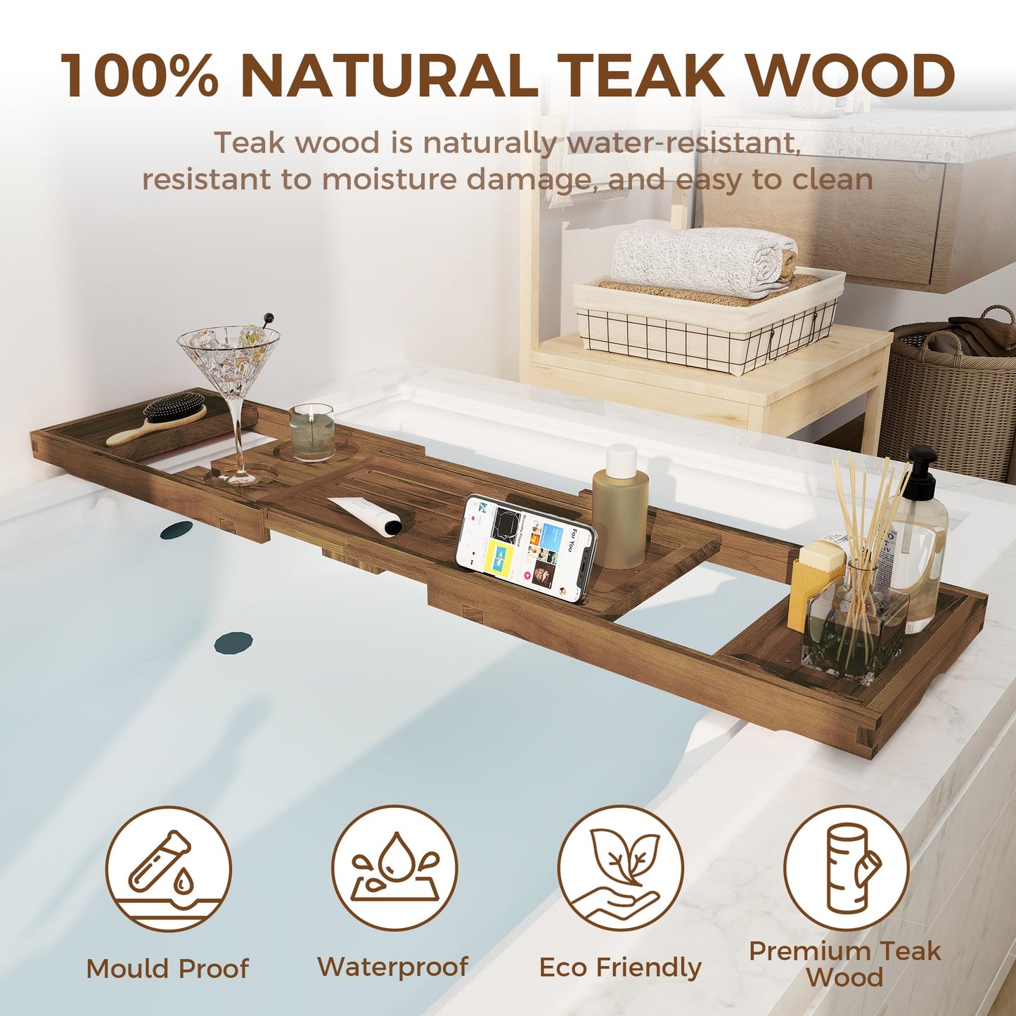 Teak Bathtub Tray - Luxury Bath Tray with Expandable Handles, Wine Glass and Phone Holders, Book Stand - Perfect for Home Spa Relaxation and Reading - Natural Bath Accessories - Dark Walnut Color