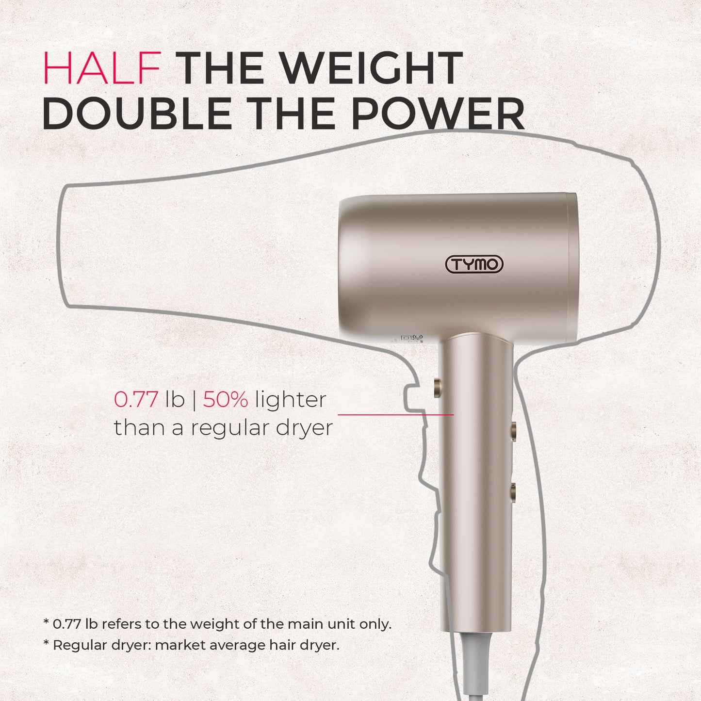TYMO Diffuser Hair Dryer Blow Dryer - 300 Million Ionic Hairdryer with Diffuser & Comb Attachment for Curly Hair, Professional Blowdryer for Women, Cool Air Button, Small Travel Lightweight, Gold