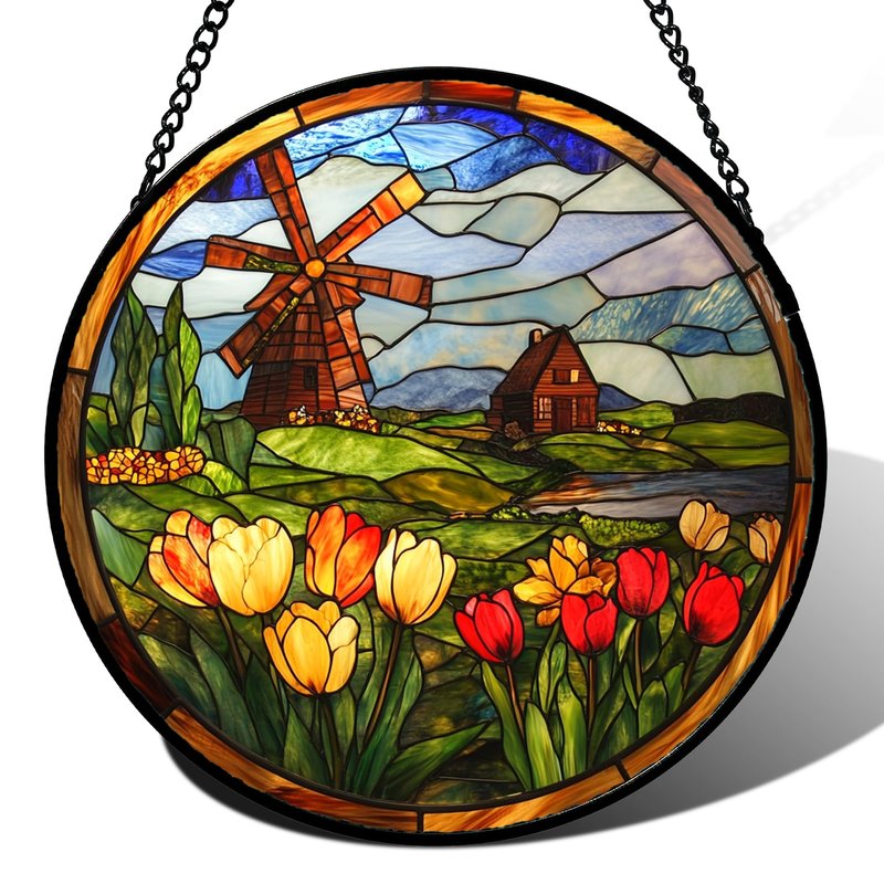QZQCBLC Stained Glass Window Hanging Tulip Windmill Farm Landscape 6.3" - Flower Suncatcher Door Garden Sun Catcher Decor Birthday Christmas for Mom Woman Nana Friend Wife