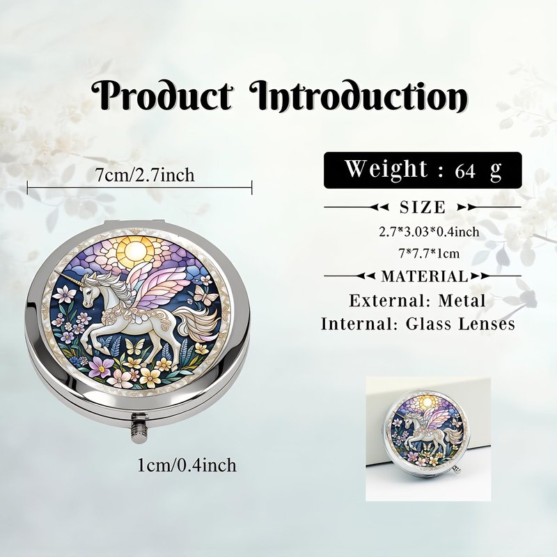 Silver Compact Mirror, 2.8x2.8inch Double-Sided Folding Makeup Mirror with Winged Unicorn Design, Ideal Gift for Women