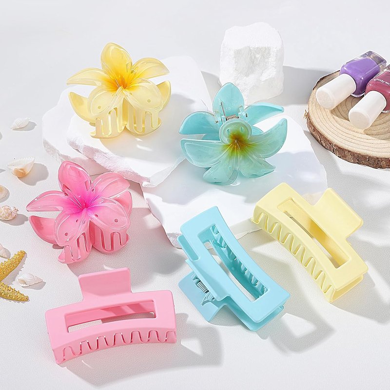 Flower Hair Clips - Square Claw Clips for Thick or Thin Hair | 6 PCS Hawaiian Hibiscus & Plumeria Set (Pink)