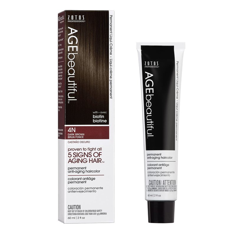 AGE beautiful Permanent Hair Color Dye Liqui Creme | 100% Gray Coverage | Anti-Aging Haircolor | Biotin for Thicker, Fuller Hair | Professional Salon Coloring | 4N Dark Brown