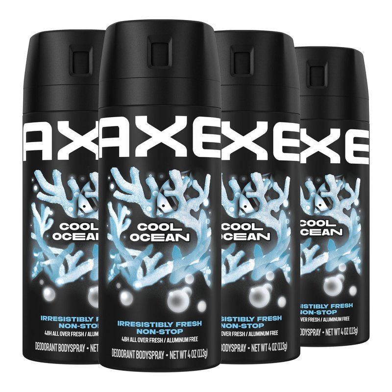AXE Dual Action Body Spray Deodorant for Long Lasting Odor Protection Cool Ocean All Day Fresh Scent Mens Deodorant Formulated Without Aluminum, 4 Oz (Pack of 4)