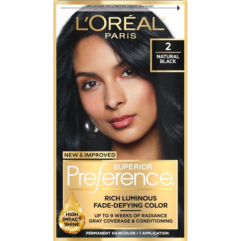 L'Oreal Paris Hair Color - Superior Preference Natural Black 2 | Fade-Defying Permanent Dye Kit for 9 Weeks of Radiance
