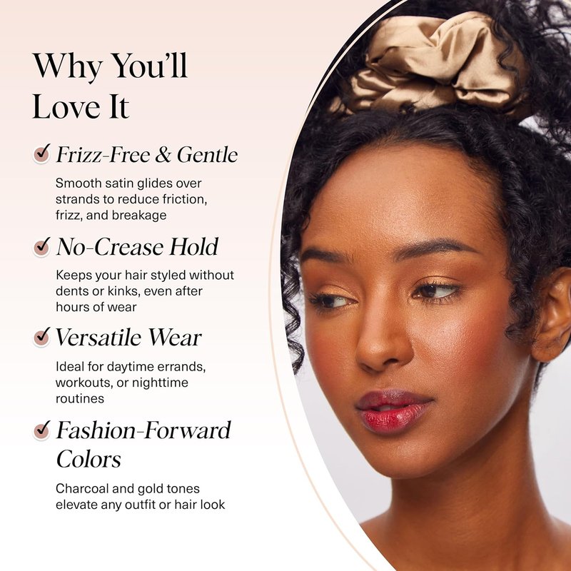 Satin Scrunchies for Women - No Crease, Frizz Control | Softer Than Silk Hair Accessories - Charcoal & Gold, 2pcs