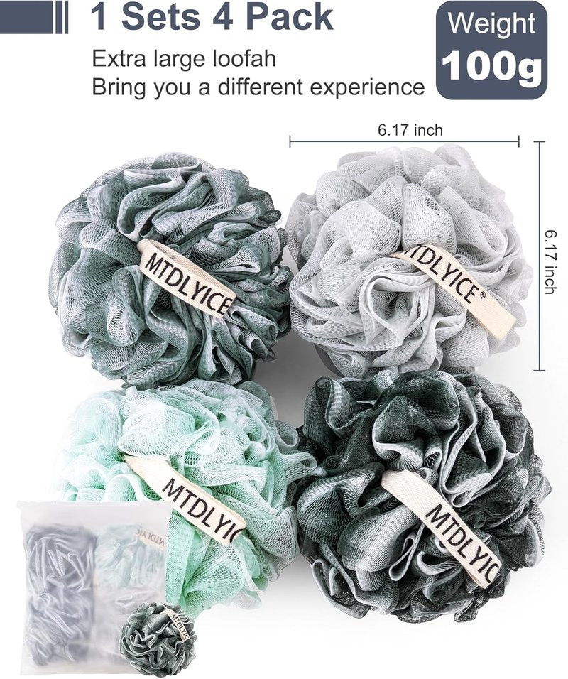 MTDLYICE Loofah Sponge - XXL Large Soft Mesh Bath Pouf | 100g 4 Pack for Men - Blue Gray Body Scrub