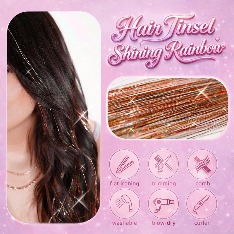 Hair Tinsel Kit - Coffee Brown 8 Pcs Glitter Extensions | 48 Inch Fairy Hair Accessories for Parties & Festivals