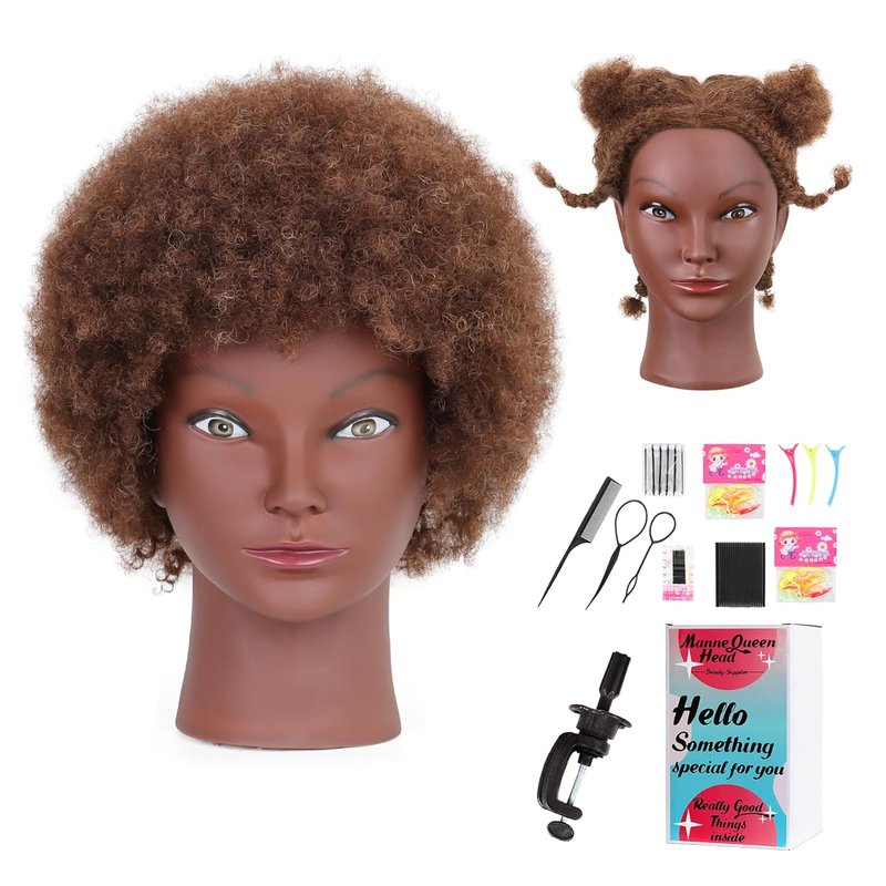Afro Curly Mannequin Head - 100% Human Hair 10'' Cosmetology Doll for Braiding & Hairstyling | Brown