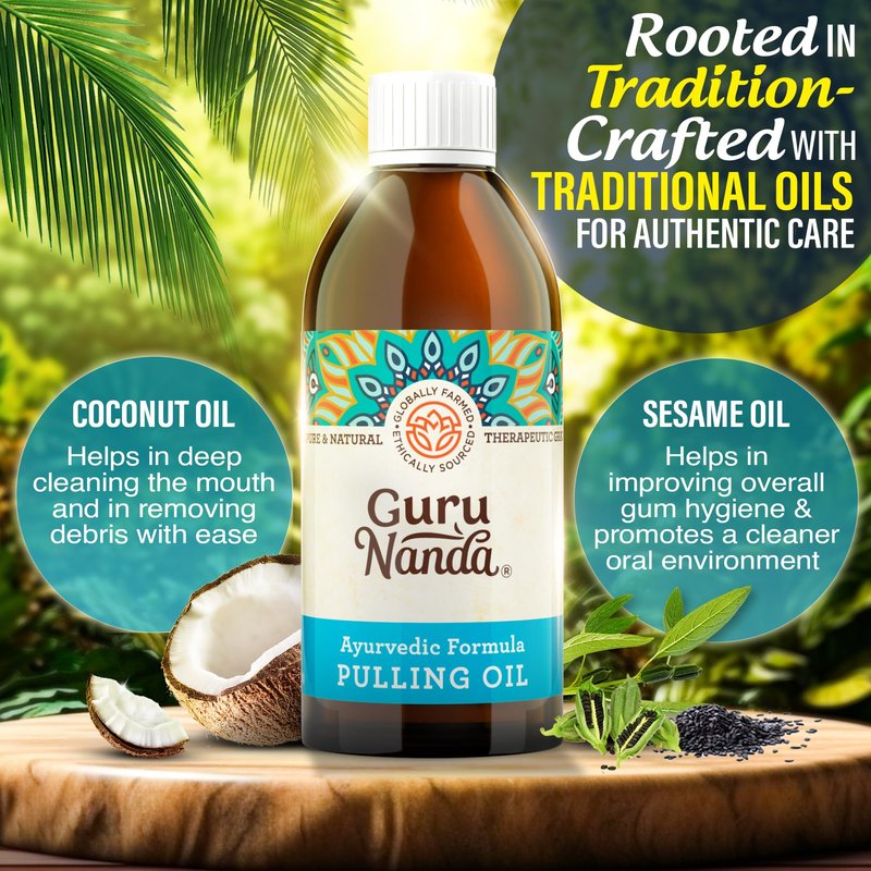GuruNanda Original Oil Pulling Mouthwash, Promotes Deep Cleaning, with Coconut & Sesame for Teeth & Gum Health & Fresh Breath, with Tongue Scraper, Alcohol-Free, 8.45 Fl Oz