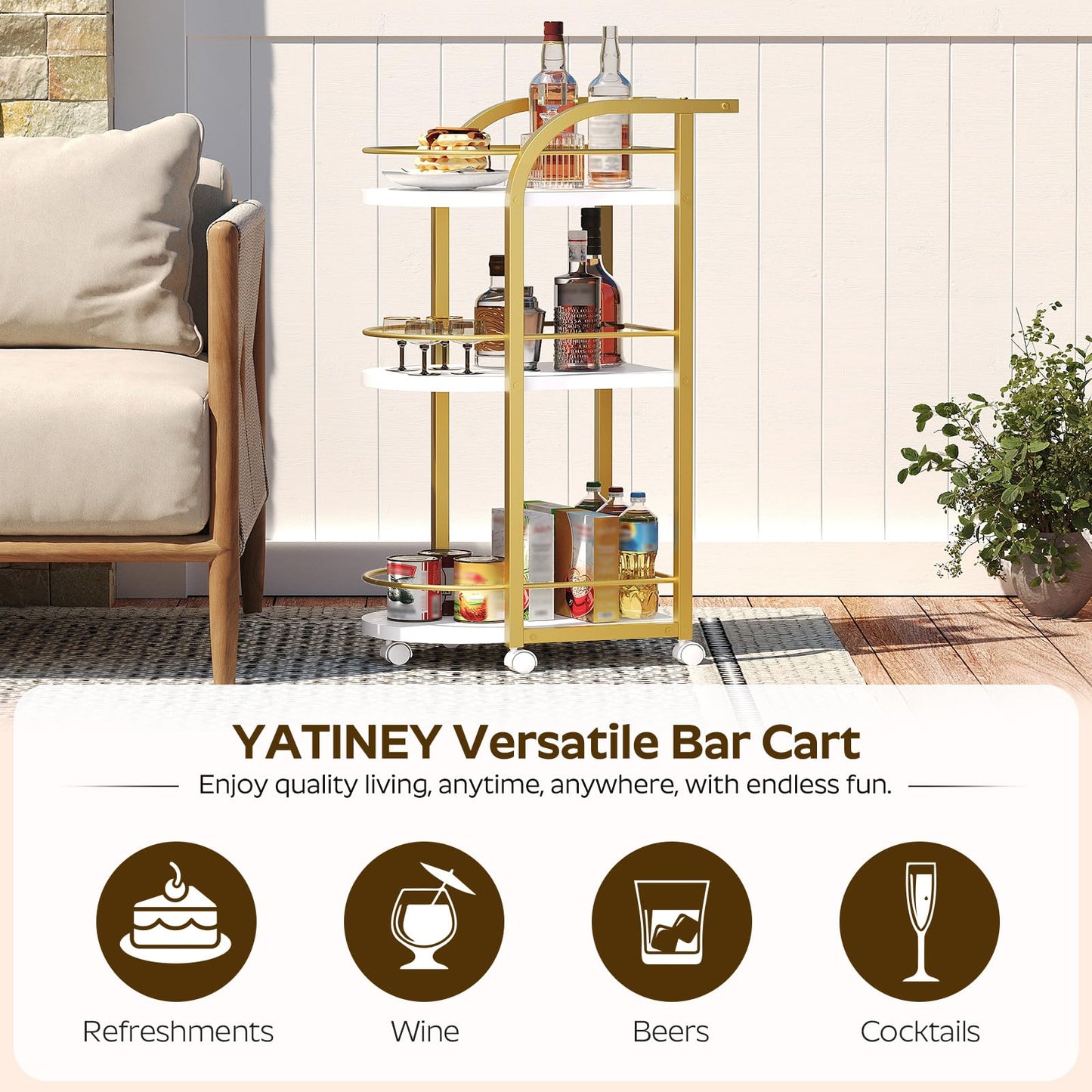 YATINEY 3-Tier Bar Cart, Home Bar Serving Cart with Fence and Wheels, for Dining Room, Living Room, Garden, Party, White and Gold BC06DW