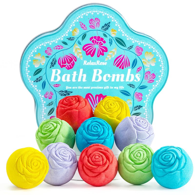 RelaxRose Bath Bomb Gift Set for Women – 10 Pack Handmade with Natural Essential Oils, 5 Aromatic Scents, Relaxing Rose Bubble Bath, Self Care Birthday & Summer Gifts for Mom, Wife, and Her