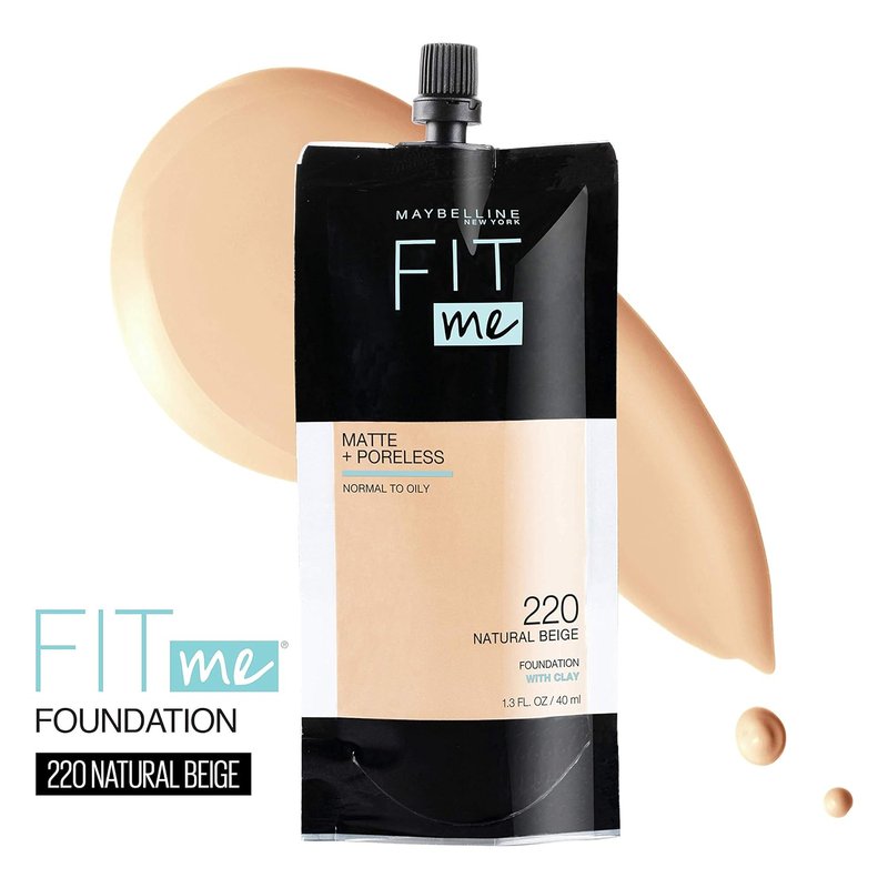 Maybelline Fit Me Matte + Poreless Liquid Foundation - 220 Natural Beige, 1.3 Oz Pouch