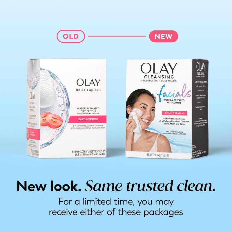 Olay Makeup Remover Wipes, Daily Facials Hydrating Face Cleanser for Normal to Dry Skin, Alcohol & Fragrance Free, Soft Face Wash Towels, Travel Essentials for Women, Convenient Dry Cloths, 66 ct