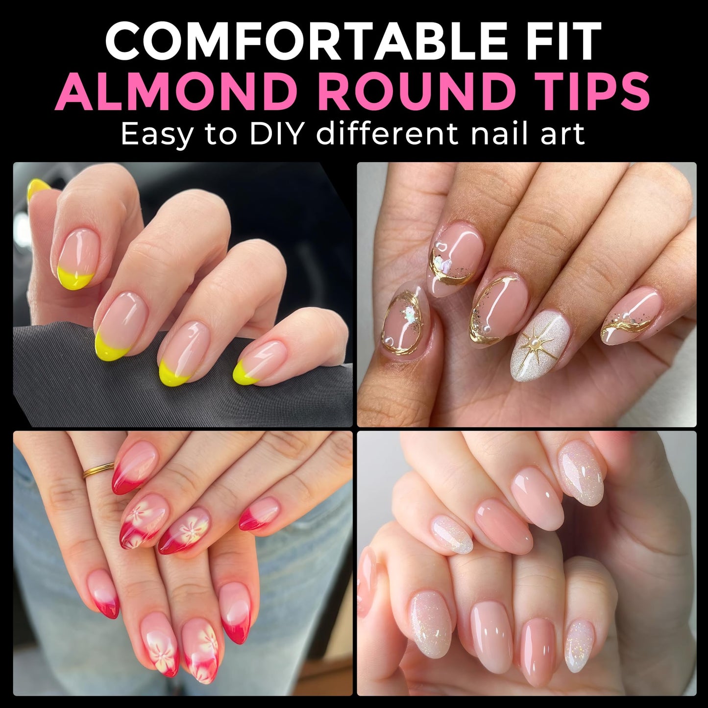 UNA GELLA Short Almond Round Fake Nails 216pcs Almond Press on Nails Pre-shape Oval Gel Nail Tips for Full Cover Acrylic Short Round Nails For Nails tips Extension 12 Sizes