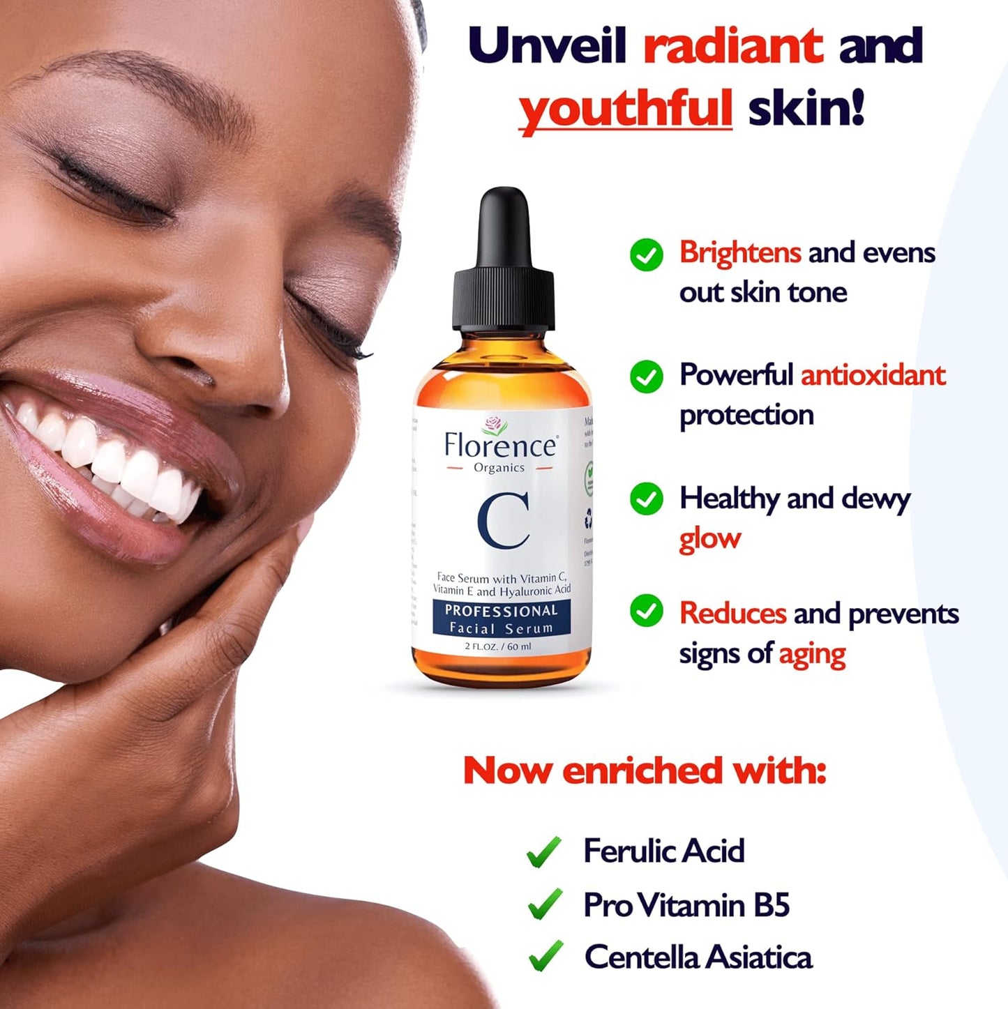 Vitamin C Serum for Face - Anti-Aging Brightening Formula with Hyaluronic Acid & Vitamin E | 2 Fl Oz