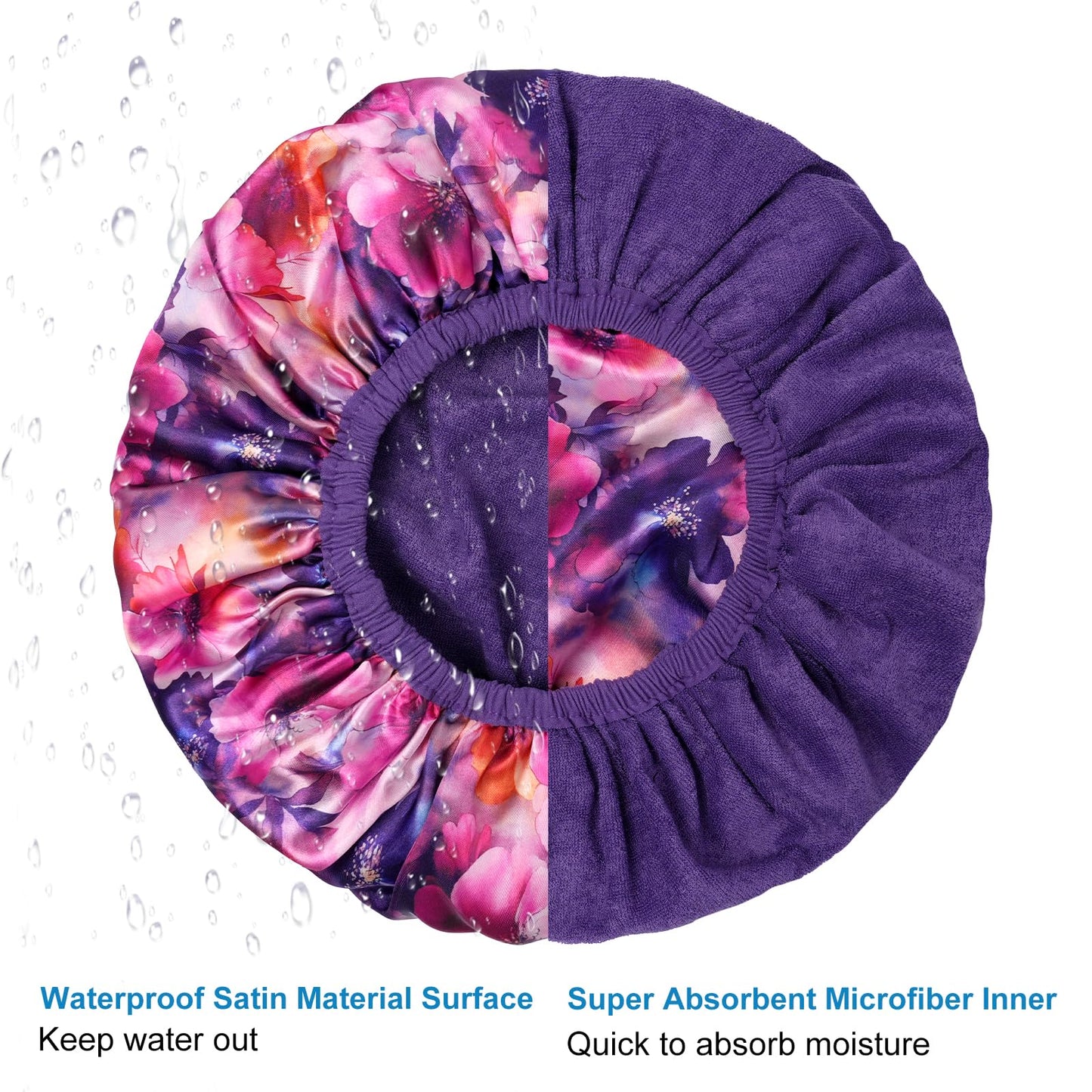 Upgraded Waterproof Terry Shower Caps, Reusable Shower Cap for Women with Long Hair, Soft Absorbent Hair-Protecting Towel Lining Bath Cap, Large Leak-Proof Hair Cap with Fashionable Print Outer-Purple