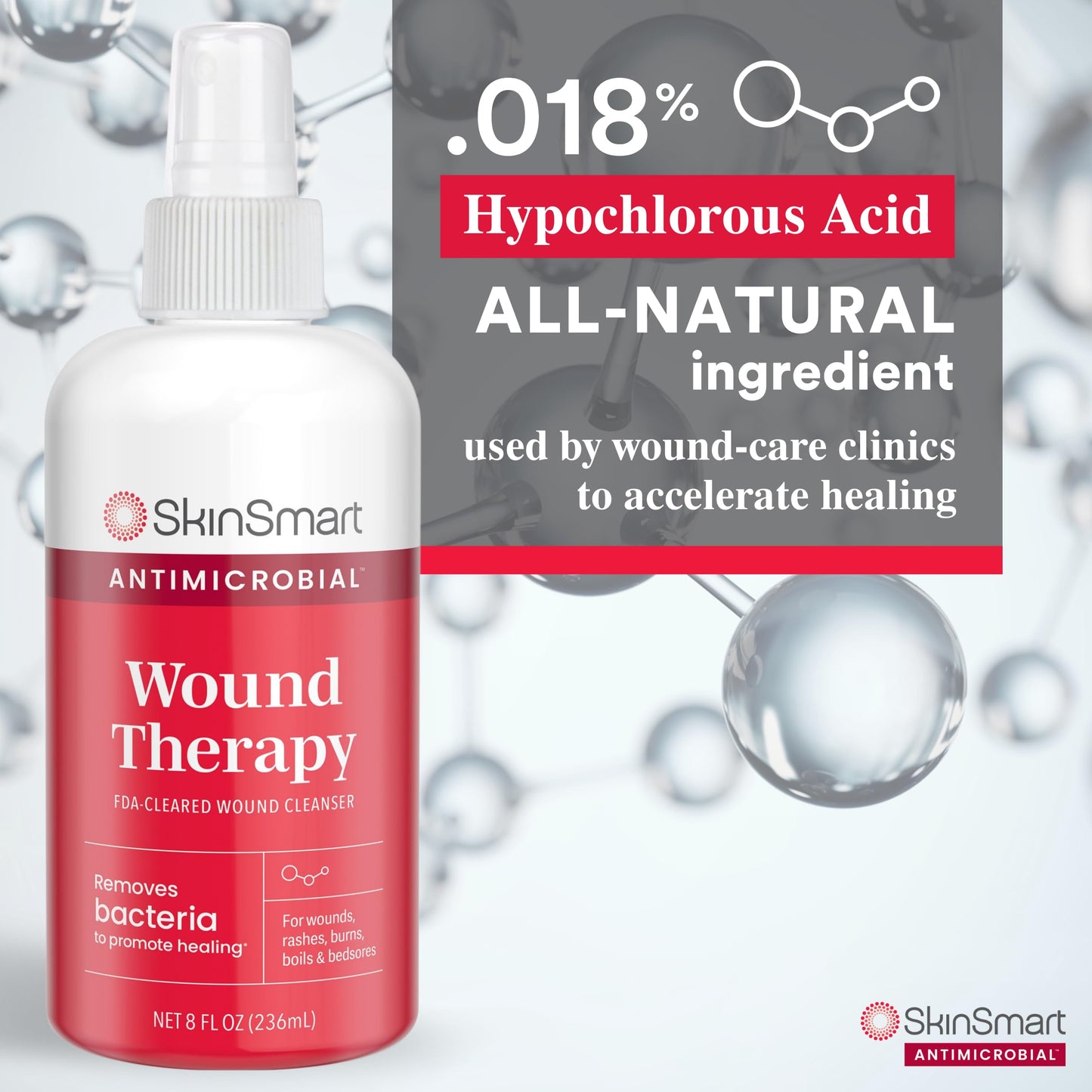 SkinSmart Antimicrobial Wound Therapy, Hypochlorous Acid Safely Removes Bacteria so Wounds Can Heal, 8 Ounce Clear Spray