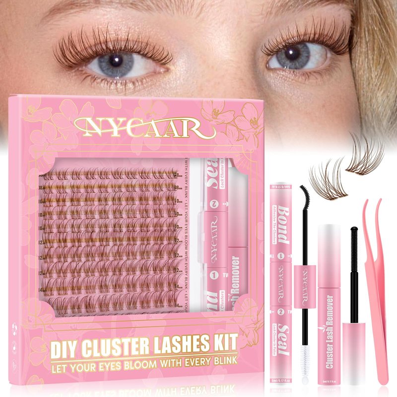 NYCAAR Velure Natural Brown Lash Clusters Kit Wispy Invisible Band Lash Extension Kit 120pcs Venus Lashes Clusters in C Curl 8-16mm with Bond and Seal, Remover & Applicators for Beginner DIY at Home