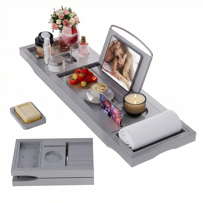 Foldable Bathtub Caddy Tray, Bamboo Bath Tub Tray Table for Tub with Wine Glass Holder Book Phone Tablet Holder with Extending Sides, Adjustable Bathroom Bathtub Free Soap Holder Gift Idea (Grey)