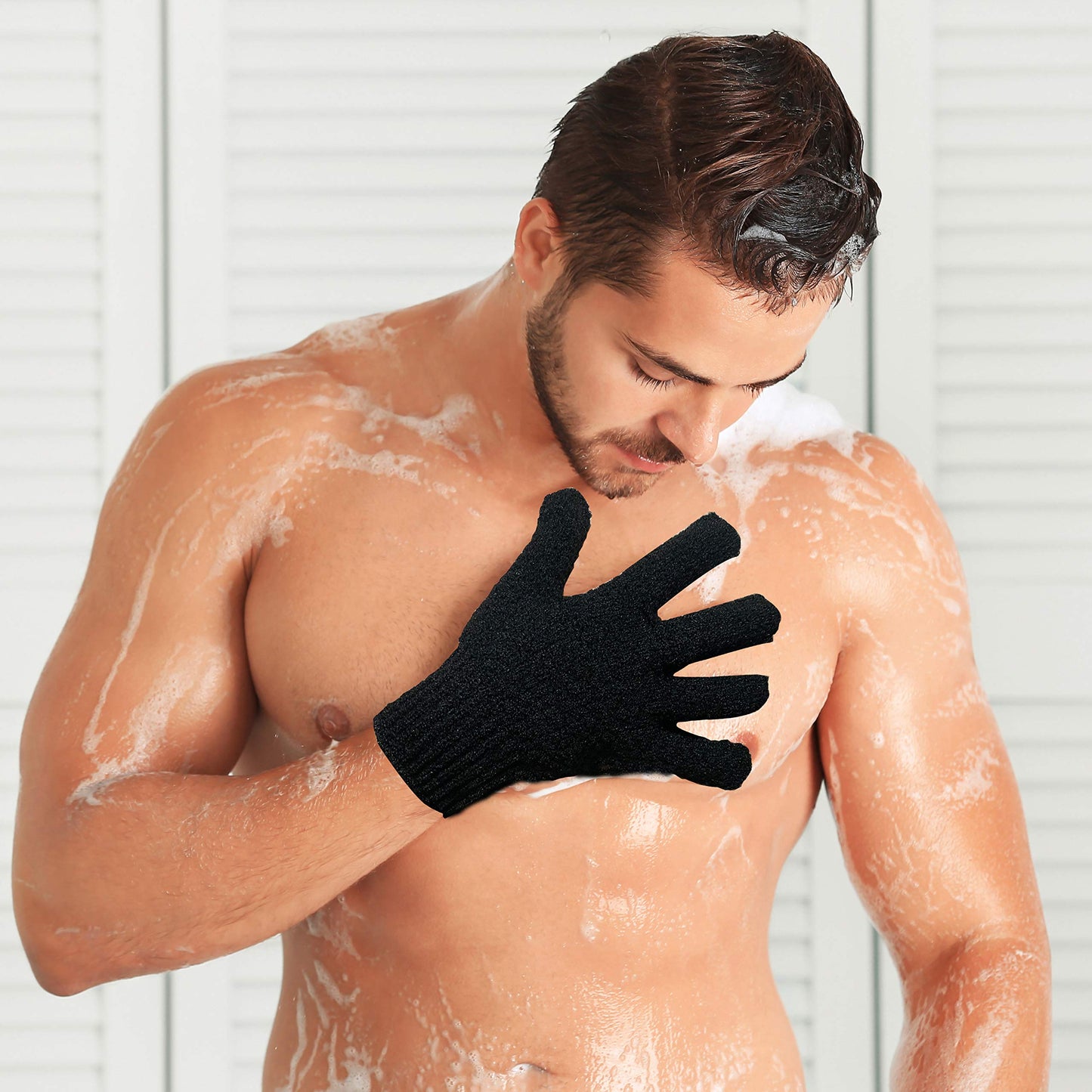 CLEEDY Bath Exfoliating Gloves - 4 Pcs Lengthened and Large Scrubbing Gloves for Shower, Spa, Massage - Scrub Mitts for Body, Face, Hand and Foot (Black and Gray)