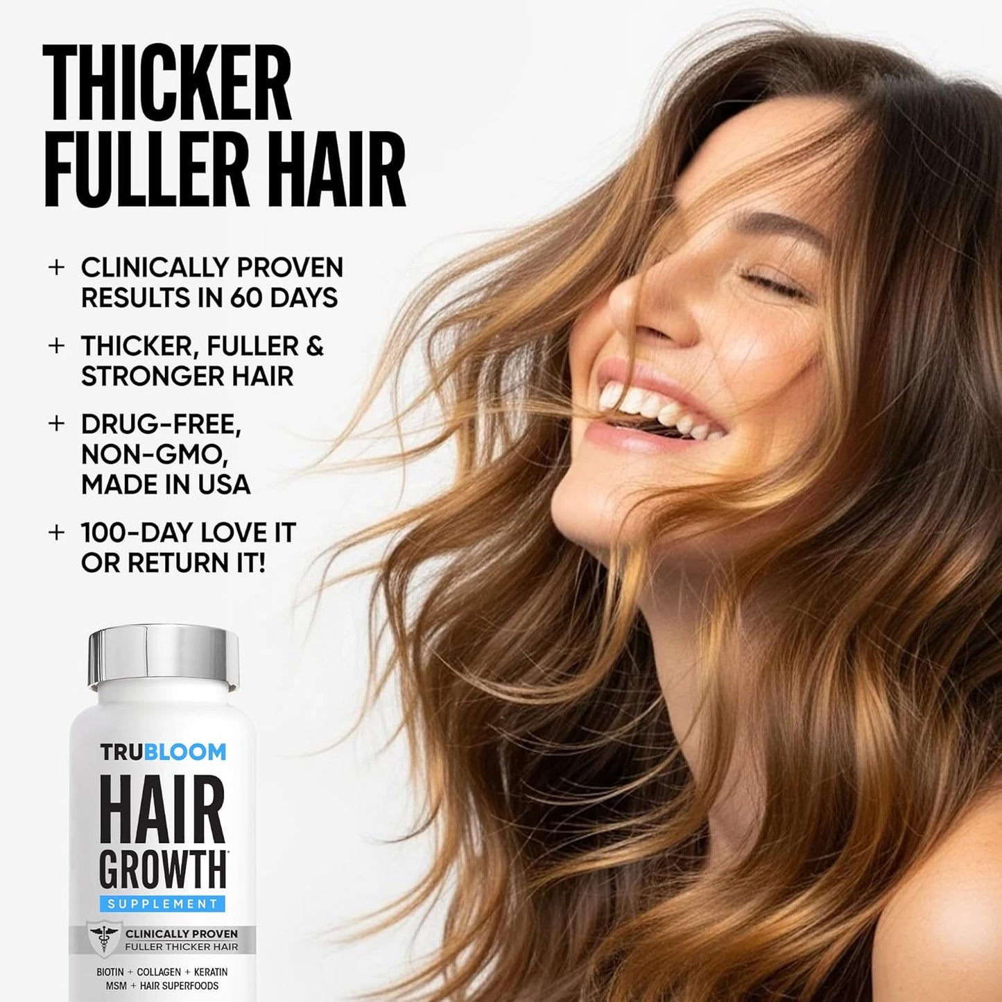 TRU BLOOM Hair Growth Vitamins - Biotin & Collagen for Fuller, Thicker Hair | 2-Month Supply
