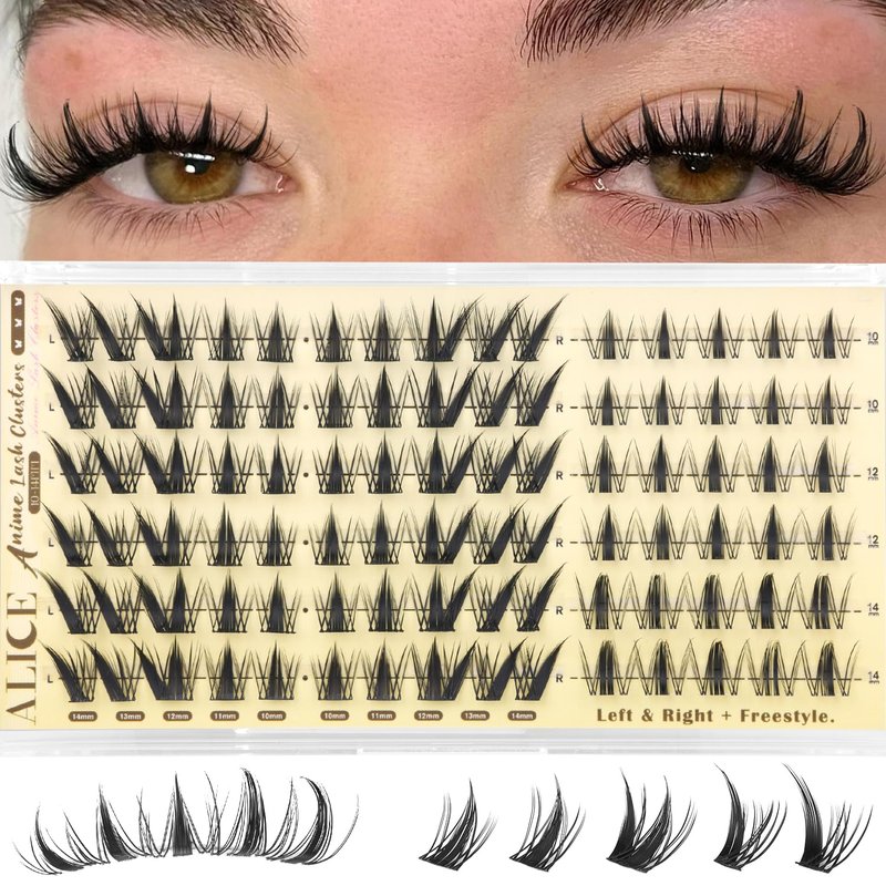 ALICE Lash Clusters with Spikes Anime Eyelash Clusters Natural Manga Eyelash Extensions 10-14mm Lash Extensions Thin Band DIY Left & Right Individual Lashes Cat Eye